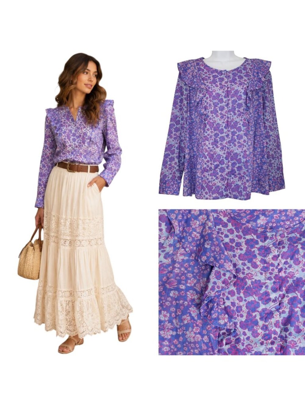 Vineyard Vines Ruffle Floral Cotton Button Blouse Purple Prairie Romantic Size14